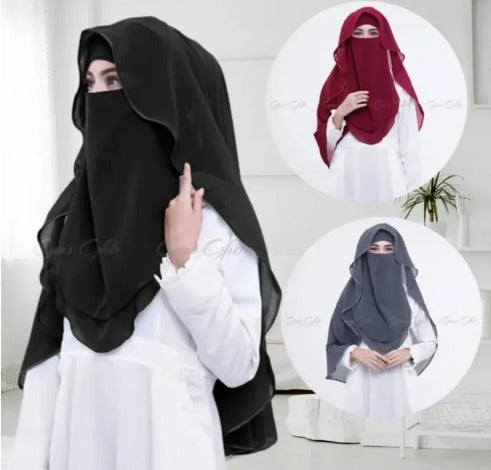 Hoodi hijab scarf, premium chiffon georgette, square, half niqab patti.