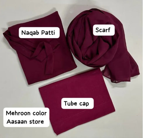 Chiffon georgette hijab scarf, niqab patti, cap, easy wear.